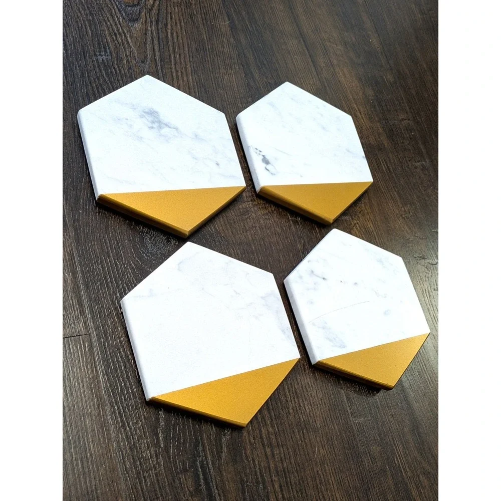 White Marble and Gold Hexagon Coasters Set of 4 Modern Geometric Stone Drinkware